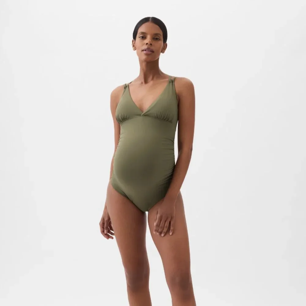 NWT GAP Maternity Strappy V-Neck One-Piece Swimsuit S Olive Green